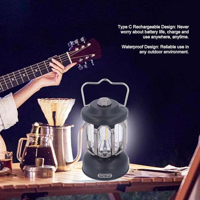 Retro Camping Lantern, Rechargeable LED Tent Lamp with 3 Light Modes, Dimmable Vintage Camping Light with Hook, USB Type C Portable Lantern for Garden Outdoor (Black)