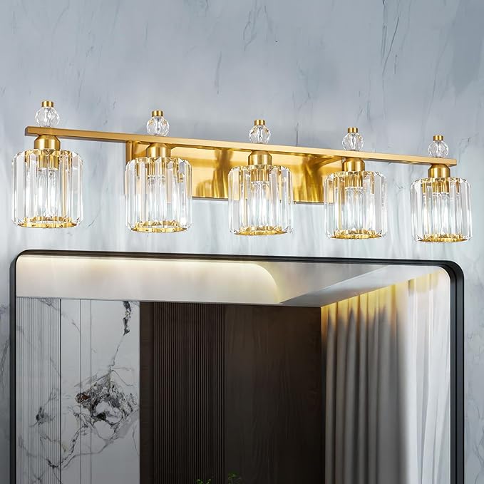 Bathroom Vanity Lights 5-Light Gold Modern Crystal Vanity Light Fixtures Over Mirror Crystal Bathroom Vanity Lighting Fixtures