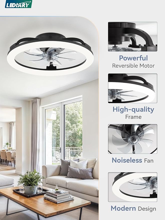 LEDIARY 20 Inch Low Profile Ceiling Fans with Lights and Remote, Dimmable Modern Fan Light(3000K-6000K), 6 Speed, Reversible, APP & Remote Control, Flush Mount Ceiling Fan for Bedroom, Black