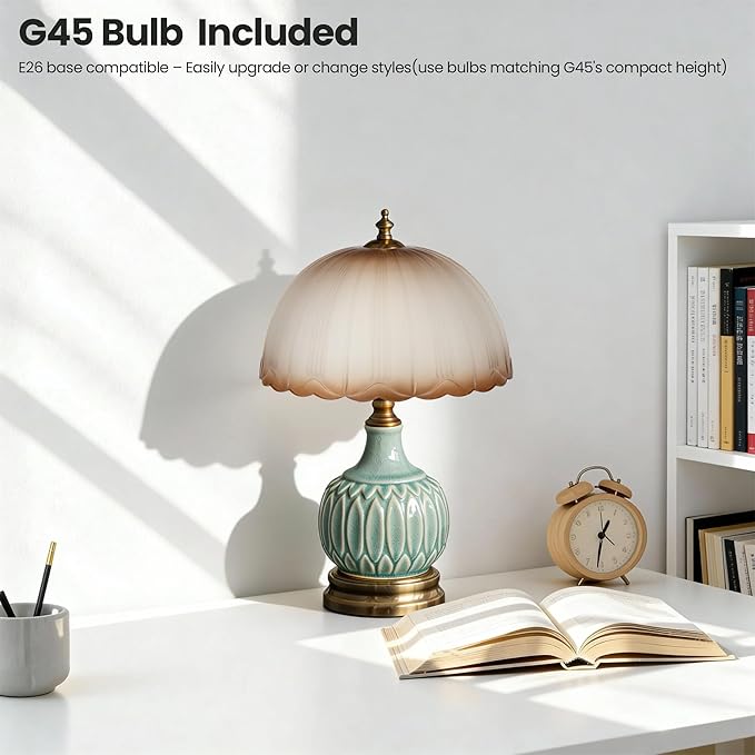 Mid-Century Modern Table Lamp, Green Bamboo Ceramic Base with Scalloped Gradient Glass Shade, 3-Color Dimmable LED Bedside Lamp for Bedroom & Living Room, Aesthetic Home Decor, Bulb Included