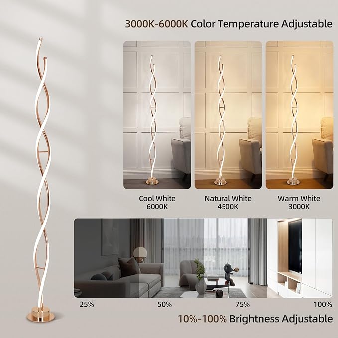 ADISUN 31W Modern Floor Lamp, LED Spiral Floor Lamp for Living Room, 3-Color Dimmable Standing Floor Lamps with Remote Control, 58" Tall Lamp for Bedroom Office Dining Room (Gold)