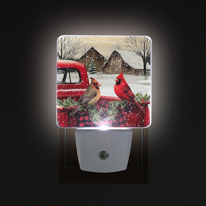 Christmas Red Truck Cardinal Night Light 2 Pack Dusk to Dawn Sensor Led Lamp for Women Men Night Lights Plug into Wall Decor for Bedroom Kitchen Bathroom Corridor, 0.5W