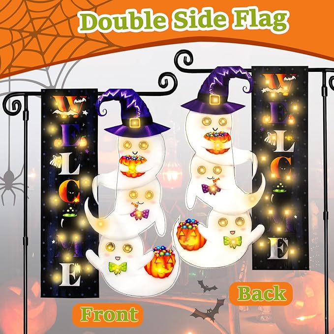 Halloween Lighted Garden Flag, Solar Welcome Ghost Yard Flag for Outside, 8 Modes Double Sided Welcome Halloween Ghost Outdoor Decorations for Home Porch