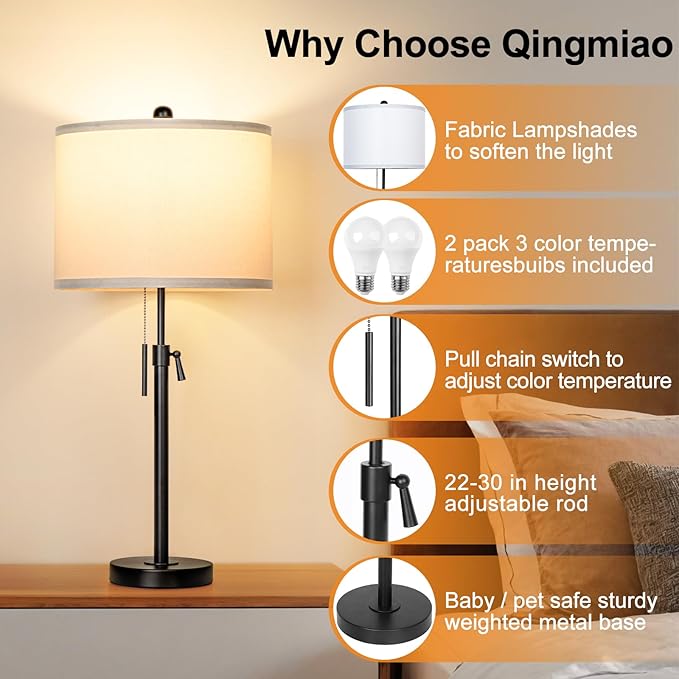 Black Table Lamps for Bedrooms Set of 2: 22" to 30" Height Adjustable Nightstand Lamps with White Linen Shade | Pull Chain Switch | Metal Base 丨3 Color Temperatures Included Beside Lamp (Black)