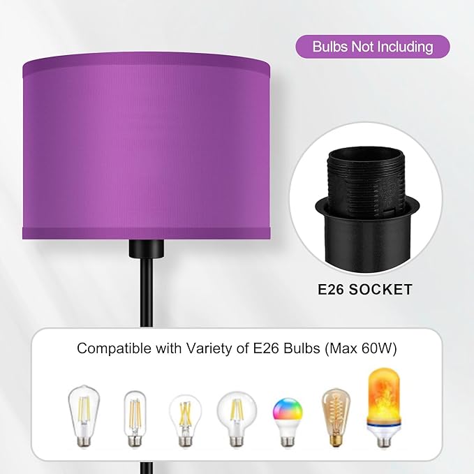 Floor Lamp, Standing Lamp, Modern Stand Up Lamps with Purple Lampshade, 59" Tall, Foot Switch, Simple Living Room Decor for Kids Room, Girls Room, Den, Office - Black(NO Bulb,E26 Base)