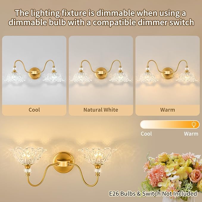 Gold Bathroom Vanity Light, 2-Light Brushed Gold Finish Vanity Light with Floral Clear Glass Shades, Retro Wall Mount Lighting for Bathroom, Dressing Table