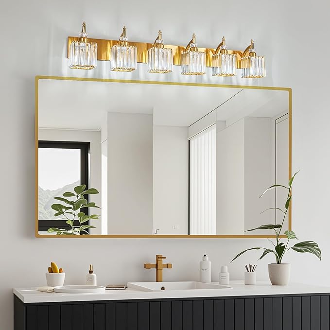 Crystal Vanity Lights - Gold 6 Light Modern Bathroom Vanity Light Fixtures Over Mirror