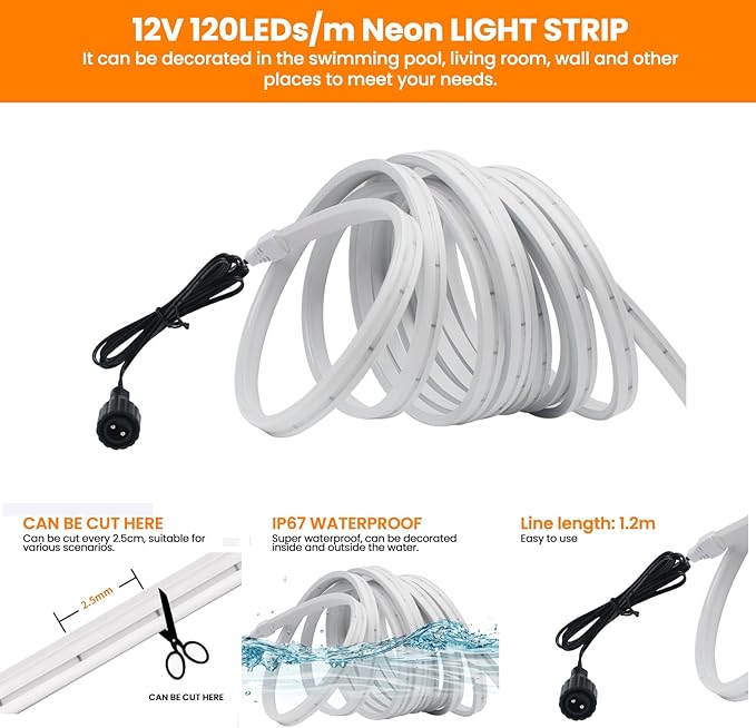 KISUFU 12V COB Led Strip Lights with 1.2W USB Controller Support Solar Panel, IP68 Waterproof Flexible 320 LEDs/m LED Tape Lights for Courtyard Garden Eaves Decoration Outdoor Party Decoration.