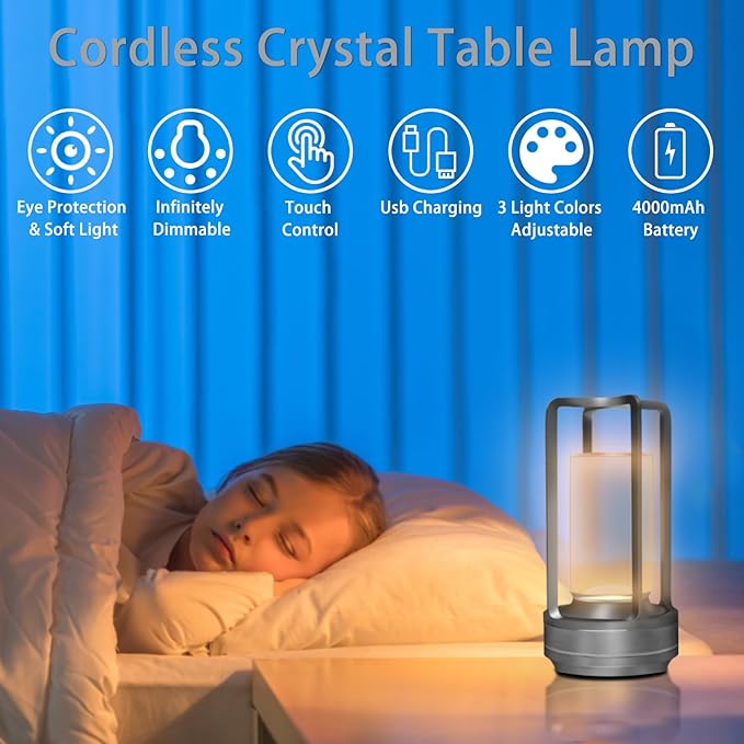 Cordless Rechargeable Table Lamps, Portable Lumisom Crystal Small Lantern Lamp with Touch Control & 3 Color Dimmable, 4000mAh Battery-Powered Klarako Crystal Desk Lanter for Outdoor Indoor (Silver)