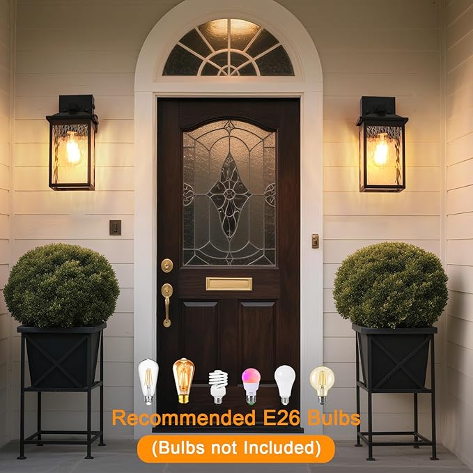 Porch Lights with GFCI Outlet, Dusk to Dawn Outdoor Wall Lighting with Water Rippled Glass Shade, Waterproof Exterior Light Fixture Black Outside Lights for House Front Door Garage Patio (E26 Base)