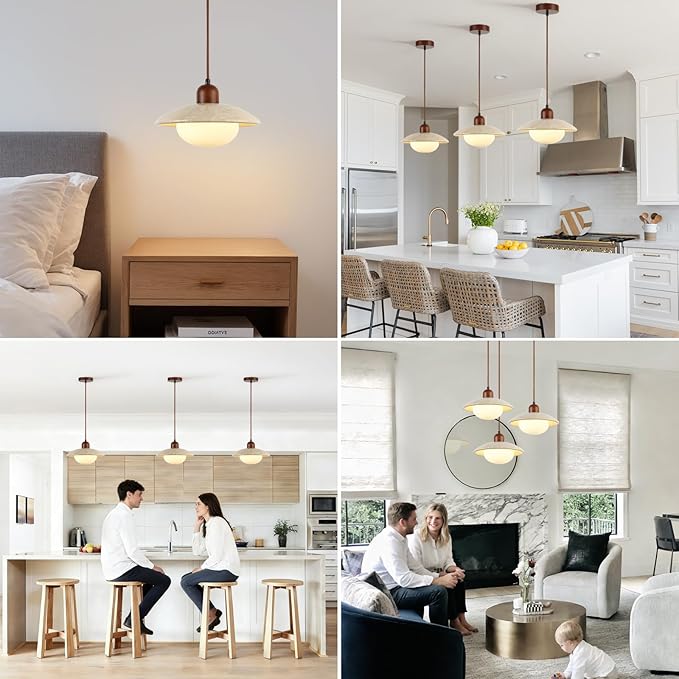 Pendant Lights Kitchen Island Wabi Sabi Lamp, Hanging Lighting Fixture Natural Stone Shade Chandelier, Japandi Style 20W Yellow Travertine Cave Hanging Lights for Bedroom Dining Living Room Hallway