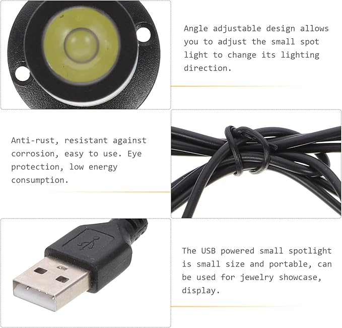 Uonlytech USB Powered Small Led Spotlight for Jewelry Showcase Indoor Miniature Adjustable Angle Spot Light for Display Cabinet Portable and Energy Efficient