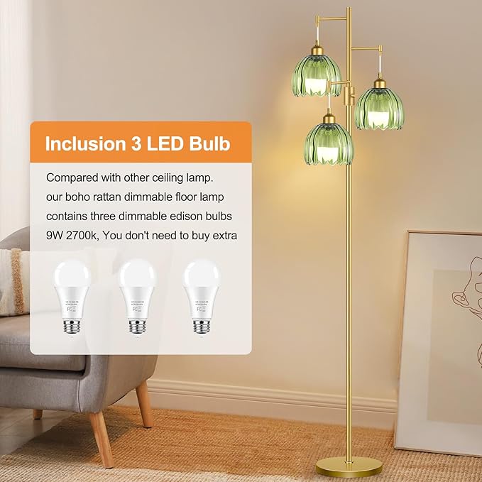 Dimmable Floor Lamps for Living Room-3 Light Gold Floor Lamp with Three Bulbs & Glass Lampshape, Mid Century Modern Standing Lamp Tree Tall Flower Floor Lamp for Bedroom Living Room,Corner