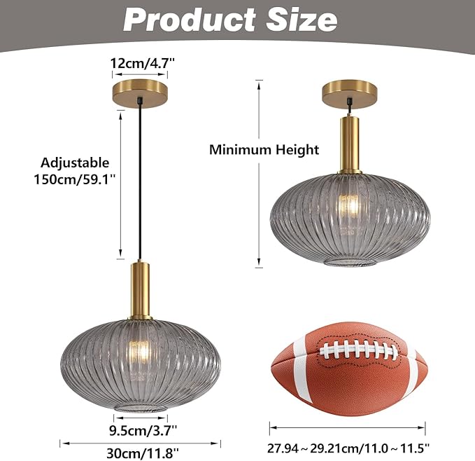 KCO Lighting Mid Century Modern Gold Glass Pendant Lighting Smoke Grey Globe Pendant Lights Kitchen Island Industrial Brass Gold Hanging Ceiling Light Fixture for Dining Room