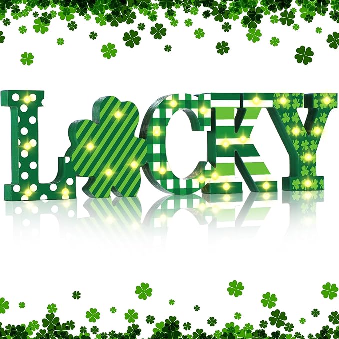 Menkxi St Patricks Day LED Wooden Sign St Patrick's Day Shamrocks Table Decoration Wooden Lucky Decor Saint Patty's Tiered Tray Decor Light up Irish Table Centerpiece for Home Party Desk Office Room