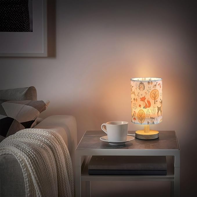 Bedside Table Lamp Woodland Animals Nightstand Lamp with Wood Fox Owl Deer Buuny Trees Leaves Desk Lamps for Bedroom Living Room Nursery Office Home Decor