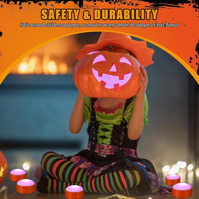Riakrum 6 Pieces Remote Timer LED Lights with Remote LED Pumpkin Lights Battery Operated Lantern Bright Flameless Candle(Orang, Purple Light)