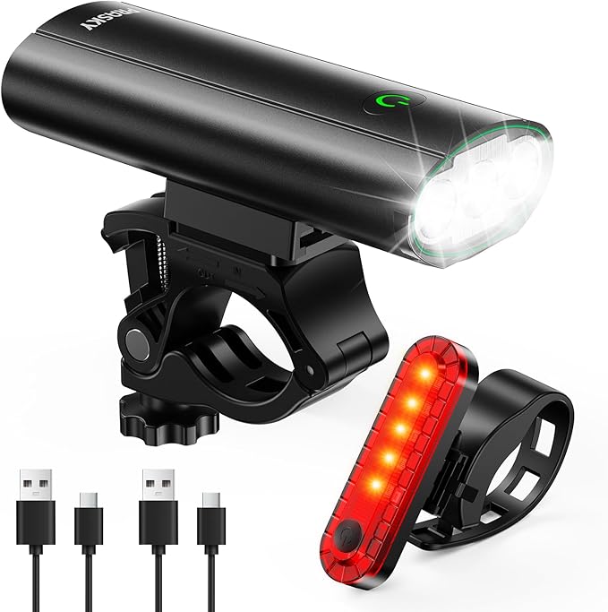 Bike Lights for Night Riding, USB Rechargeable Mountain Bicycle Headlight, Super Bright, Waterproof, 6+4 Light Modes Bike Light Set for Cyclists and Commuters
