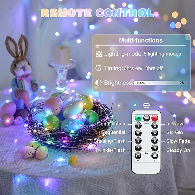 JMEXSUSS 2 Pack Pastel Fairy Lights Battery Operated with Remote, Total 200 LED 66ft Easter Lights Outdoor Waterproof, 8 Modes Battery Powered Twinkle String Lights for Bedroom Indoor Easter Decor