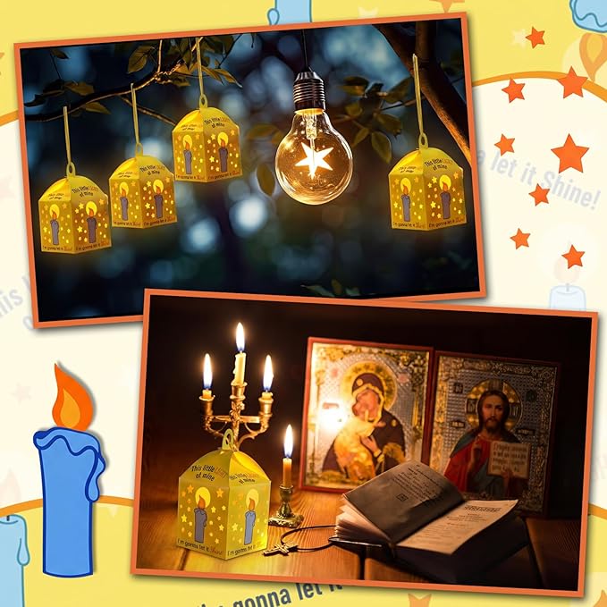24 Sets Religious Easter Crafts with LED Candle Light Tissue Paper Light of Mine Lanterns Craft Kits DIY VBS Christ Suncatchers Lanterns Hanging for Easter Sunday School Christian Decoration