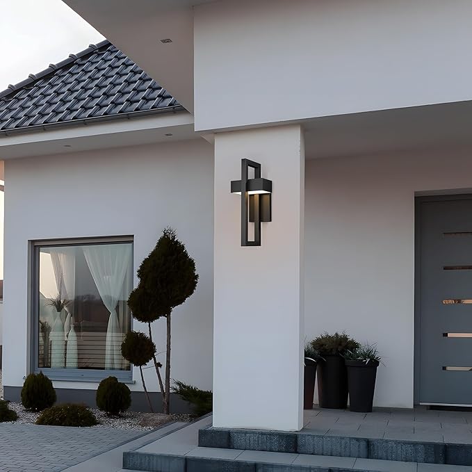 LamQee 2 Packs Modern Outdoor Wall Lights 3000K Integrated LED Outdoor Wall Sconces Lighting, Contemporary Exterior Lighting Fixtures Outside Wall Mount Lights for House Porch Door Garage, Matte Black