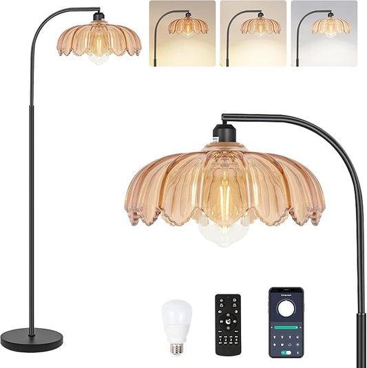 Black Floor Lamp for Living Room,Bedroom,Mid Century Modern Standing Lamp with Remote,Dimmable Brass Tall Lamp Amber Glass Lamp Vintage Retro Arc Floor Lamps Flower Floor Light Boho Bohemian