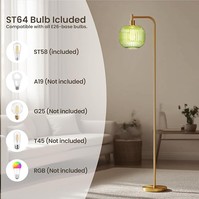 Glass Floor Lamp,67" Modern Standing Lamp with Sunset Grapefruit Glass Lampshade Metal Pole for Living Room, Bedroom, Office - Heavy Base,Pedal Switch (Include Bulb) (Green)