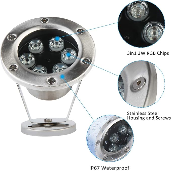 JSN&PC LED Pond Light 2 Pack 18W RGB Color Changing with 60W AC 12V Transformer,with Remote Controller & IP68 Waterproof Joint for Party Swimming Pool Fountain Water Rockery Grass Land