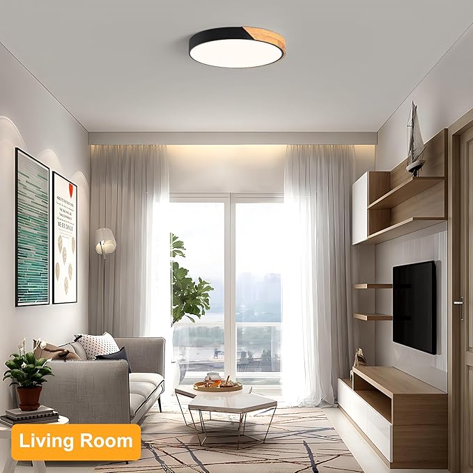 Vikaey Modern LED Ceiling Light, Minimalist Wood Flush Mount Ceiling Light Fixture, 4000K Not Dimmable, Circle Lighting Lamp with Acrylic Lampshade for Bedroom Dining Room Laundry (Black,15.8")