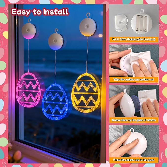 Easter Window Lights Decorations, 3 Pack Easter Hanging Window Decor Pink Yellow Blue Egg Lights with Suction Cup, Indoor Battery Operated Egg LED Holiday Lamp for Home Door Window (Pink Yellow Blue)