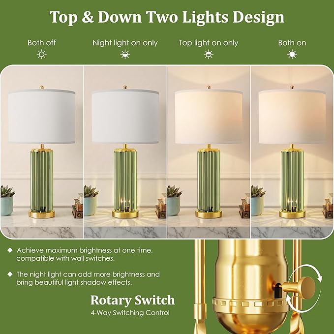 QiMH Gold Table Lamps for Bedroom Set of 2 with Nightlight, Modern Bedside Lamp with USB A+C Charging Port, Green Nightstand Lamp for Living Room White Shade, 2 Bulbs Included