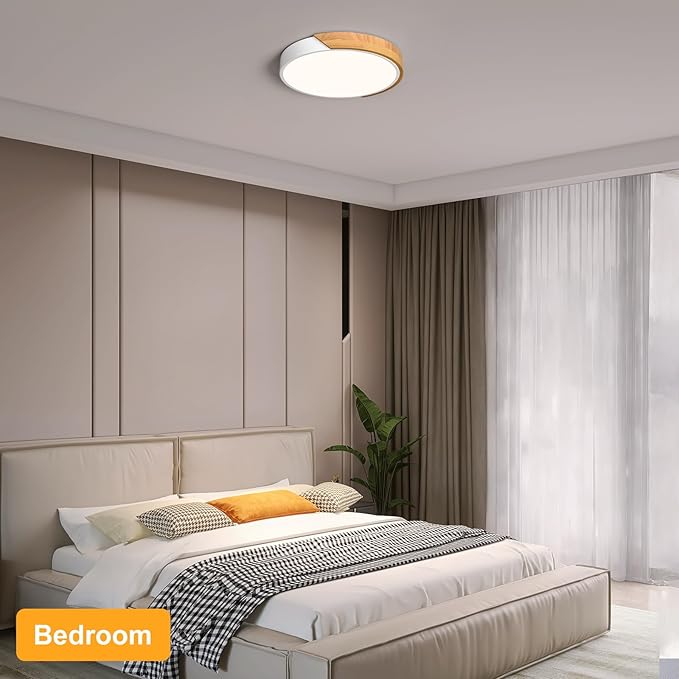Vikaey Modern LED Ceiling Light, Minimalist Wood Style Flush Mount Ceiling Light Fixture, Circle Lighting Lamp with Acrylic Lampshade for Bedroom Living Room Dining Room Laundry (White, 11.8'')
