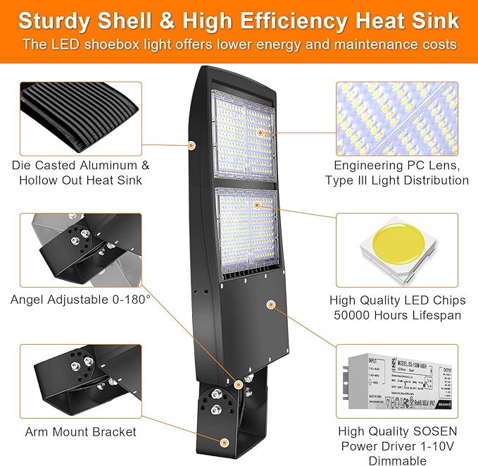 480V 300W LED Parking Lot Light, 42000LM LED Shoebox Street Flood Light (1000W MH/HPS Equiv.), 5000K Dimmable Commercial Area Lighting with 20KV Surge Protection, IP65 277-480V UL&DLC Listed