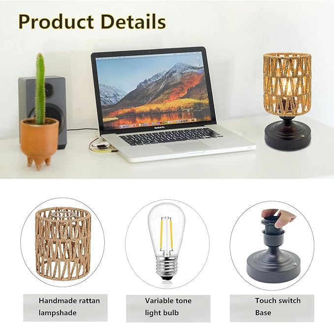 Cordless Rechargeable Table Lamps Night Light Desk Lamp, Battery Operated Farmhouse Table Lamp Boho Rattan Shade Stepless Dimmable for Outdoor Patio, Living Room, Bedroom (Bulb Included)