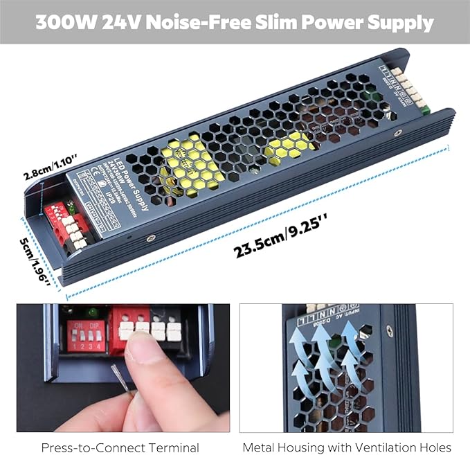 Slim 24V 300W Dimmable Switching LED Power Supply LED Strip Driver Transform AC110V/220V to DC24V, with DC Male Connector and AC Power Cord, IP20 Plug-and-Play (24V300W Power Supply)