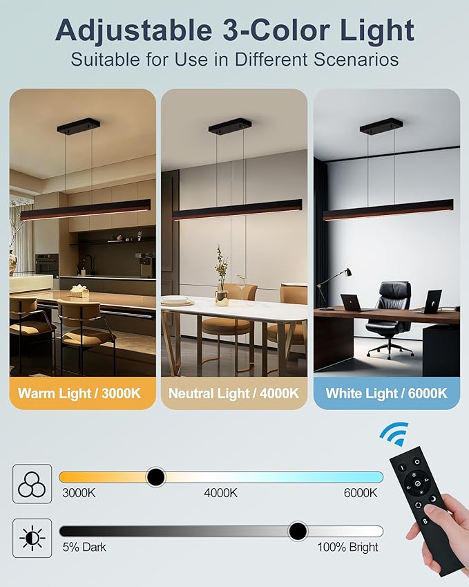 39" Wood Linear Pendant Light, 24W LED Hanging Pendant Light, Dimmable Kitchen Island Lighting with Remote, Adjustable Linear Chandelier for Dining Room, Kitchen Island, Bar, Office-Walnut