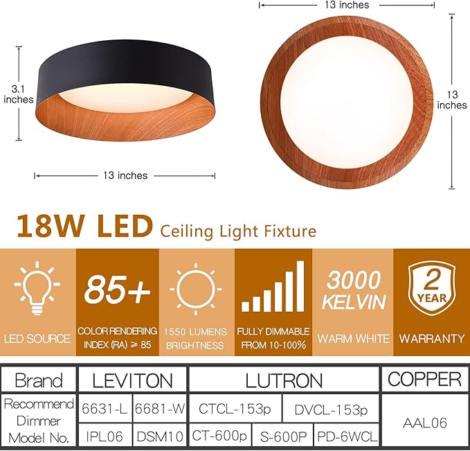 Bargeni Flush Mount Ceiling Light,13 inch Ceiling Light Fixtures,Matte Black with Wood Accent,3000K/Warm White/18W(100w Equiv.),Dimmable LED Lighting Fixtures Ceiling for Kitchen,Outdoor