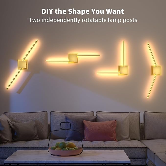 Torchlet Battery Operated Wall Sconces Set of 2 with Remote Control,DIY Independent Rotation Picture Lights,3000K-6000K Dimmable LED Rechargeable Wall Lights for Living Room Bedroom, 28.3'' Gold