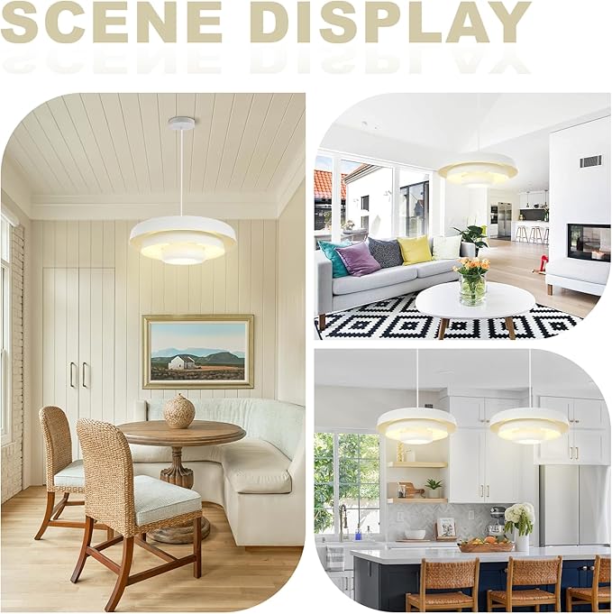 Large White Pendant Light, 17.7" Adjustable Mid Century Modern Chandelier with 3-Layer Shade for Kitchen Island, Dining Room, Retro Industrial Ceiling Fixture