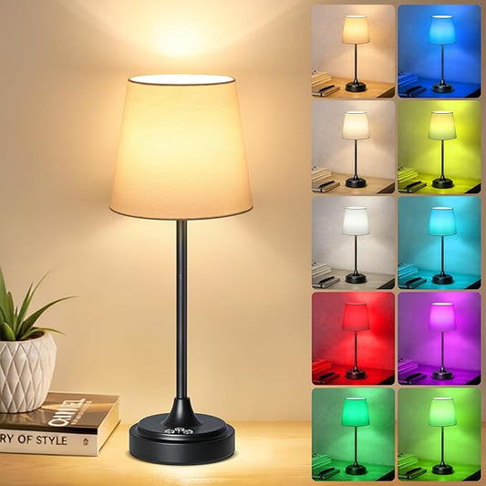 Cordless Table Lamp Rechargeable,5000mAh Battery Operated Desk Lamp,3 Colors & 7 RGB Stepless Dimmable,Touch Control Ambient Light for Bedside,Bedroom,Dining Room,Living Room,Black,WhiteShade