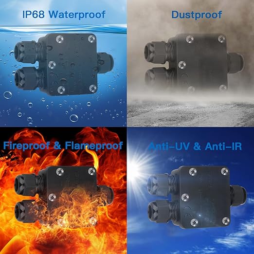 Helunsi 2 Pcs Waterproof Junction Box 3 Way, IP68 External Waterproof Electrical Junction Box, Black Underground Junction Box Outdoor Cable Connector, for Diameter 5mm -15mm Wire Gland (Small)