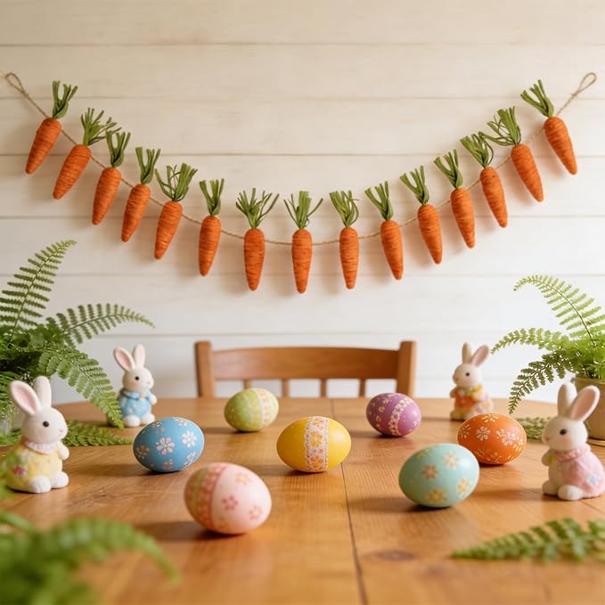 10 FT Artificial Easter Carrot Garland with 15 Carrot Ornaments - Easter Decoration Hanging Banner for Mantel Fireplace Home Kitchen Party Decor
