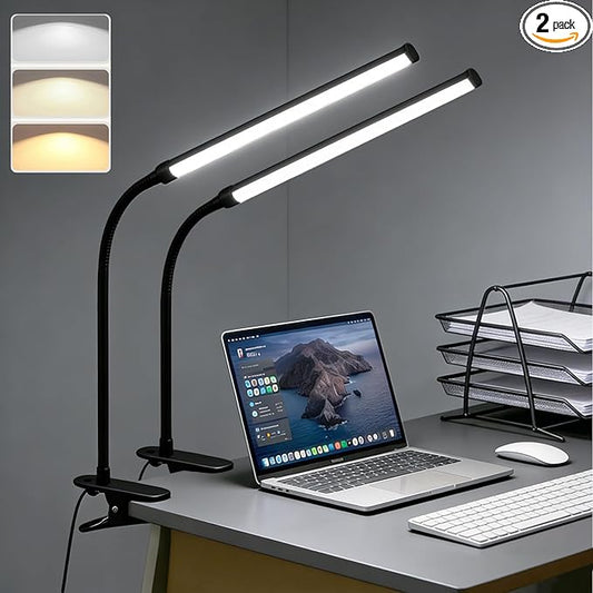 2 Pack LED Clip on Reading Light, 360 Flexible Gooseneck Dimmable Desk Lamp with Clamp, Eye-Caring Bedside Lamp for Bedroom Office Home Study, Computer Monitor Light Bar