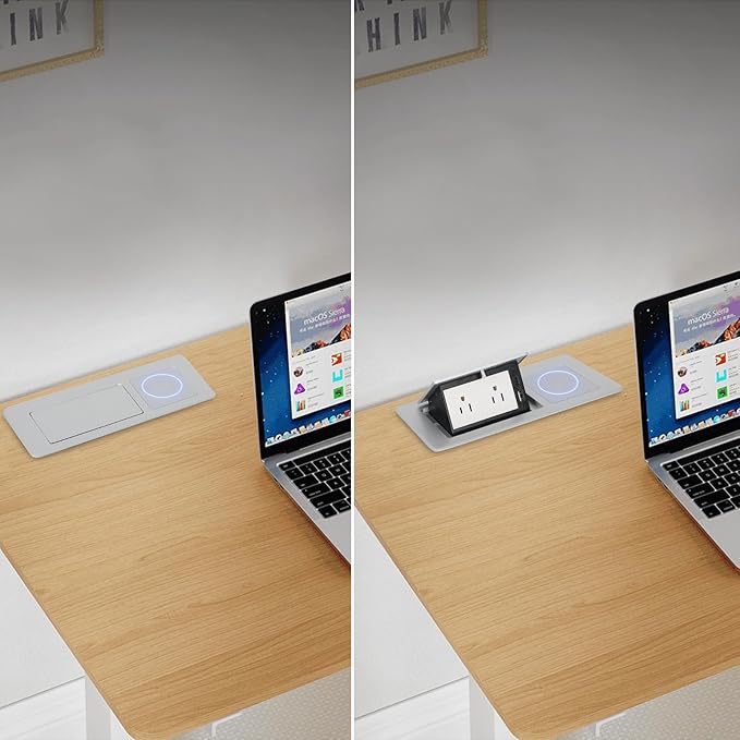 Table Pop Up Outlet Automatic Pop Up Strip Center Countertop Recessed Power Strip with 15W Wireless Charger + USB A + USB C + 2AC 5.9Ft Cord for Conference Desk Office Kitchen (Silver-Wireless)