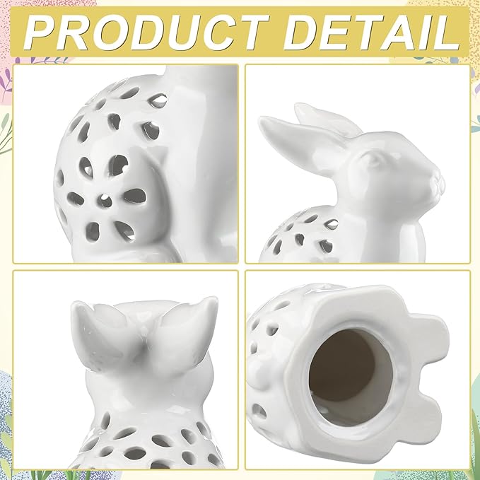 2 Pcs Easter Decorations LED Lighted Ceramic Bunny Figurines Light Up Bunny Statue with Cutouts Mother and Baby Rabbit Decor, White Easter Spring Home Decor for Tabletop Centerpiece Gifts