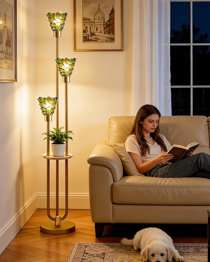 Glass Floor Lamp with Table, 62'' Gold Standing Tall Lamps with Green Glass Shade, 3000K Warmwhite Mid Century Modern Floor Lamp for Living Room/Bedroom/Sofa Beside/Home Corner
