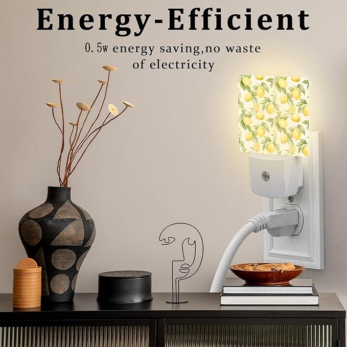 Lemon with Flowers Night Light, Fresh Lemon Fruits Floral Dusk to Dawn Night Light Plug in,0.5w Energy Saving Sleep Friendly Nightlights for Kids Boys Girls Home Decor