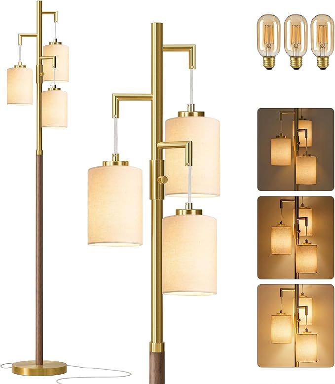 70" Dimmable Floor Lamp Wood Floor Lamps for Living Room Bedroom Mid Century Modern Floor Lamp Gold Standing Lamp Tall Lamps for Office Nursery Reading Elegant Stand Up Lamp, 3 Bulbs Included