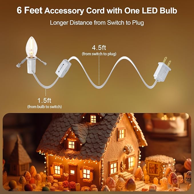 SURAIELEC Christmas Village Lights, 6ft Accessory Cord with One Led Bulb, Blow Mold Replacement Lights with Switch, C7 Light Cord for Christmas Decorations, Craft Projects, UL Listed, Set of 2