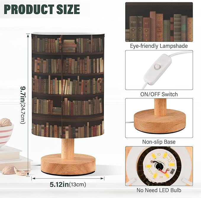 Table Lamp Library Bookshelf Book Candle Nightstand Lamp with Wood Base Fabric Lamp Shade Bedside Desk Lamp for Living Room Bedroom Kids Room Office
